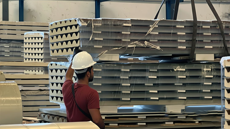 Operario almacenando panel sándwich correctamente en el almacén de Panel Sándwich Plus